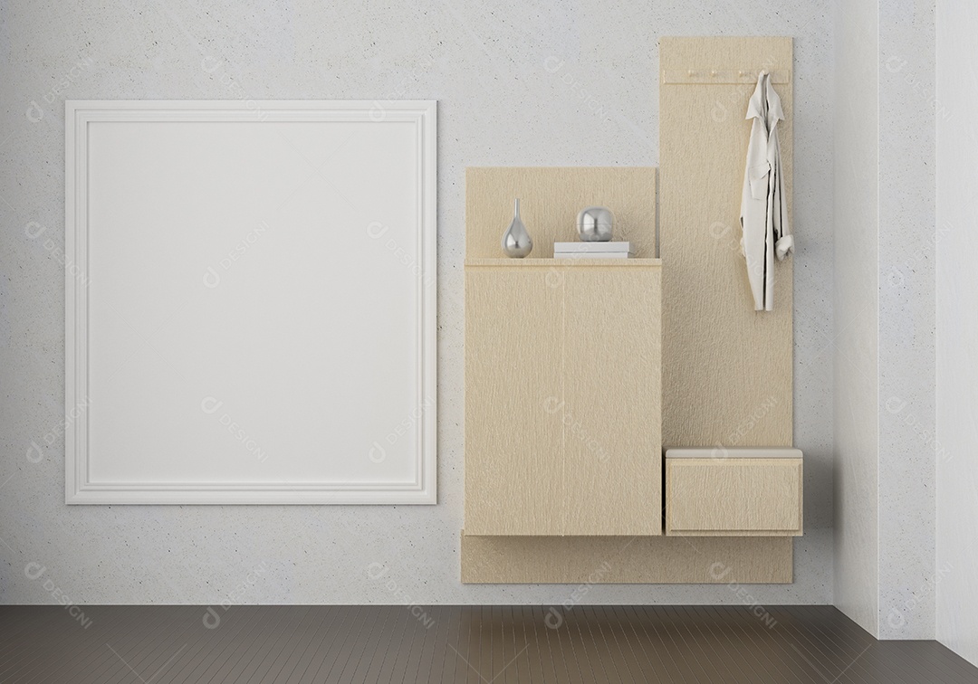 Moldura de foto de maquete de ilustração 3D na parede perto do armário, decorada com interior de estilo escandinavo e renderização natural