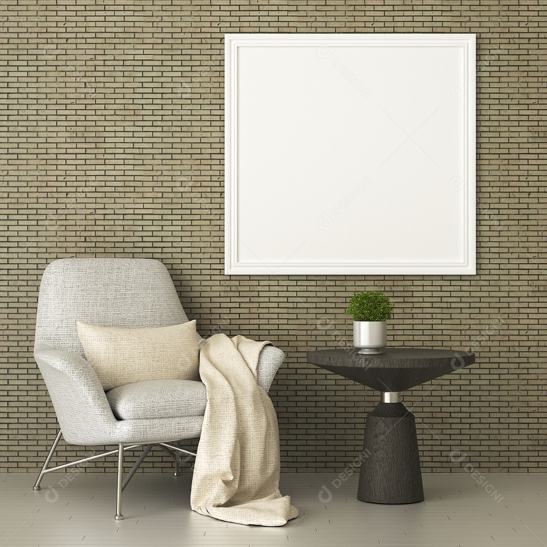 Placa em branco de maquete de ilustração 3D com moldura na parede da sala de estar, interior de estilo escandinavo com vaso de plantas e decoração natural, renderização