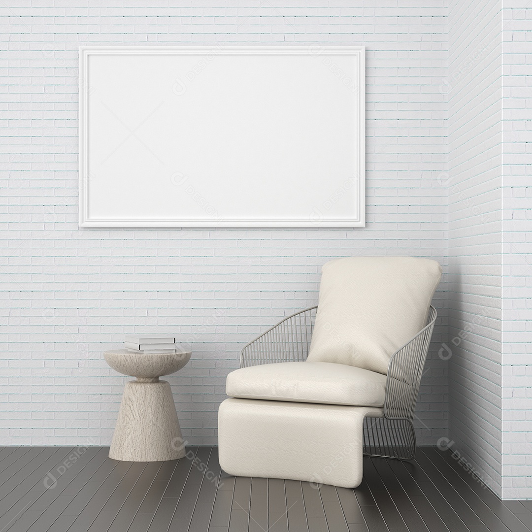 Placa em branco de maquete de ilustração 3D com moldura na parede da sala de estar, interior de estilo escandinavo com vaso de plantas e decoração natural, renderização