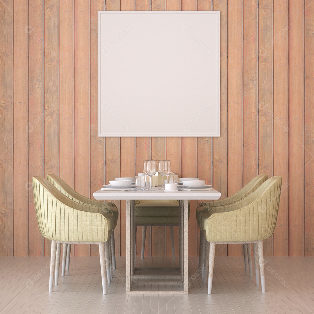 Placa grande de maquete de ilustração 3D com moldura na sala de jantar em casa ou restaurante, cores pastel interiores de estilo escandinavo e decoração com móveis bonitos e confortáveis, renderização