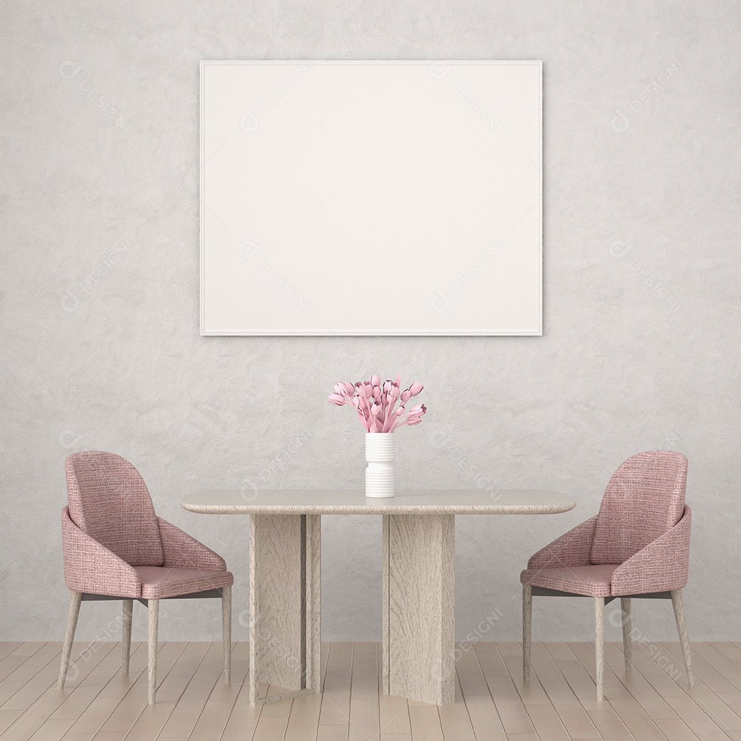 Quadro de pôster de maquete de ilustração 3D na parede do restaurante com mesas e cadeiras, interior da cantina no escritório ou hotel, renderização