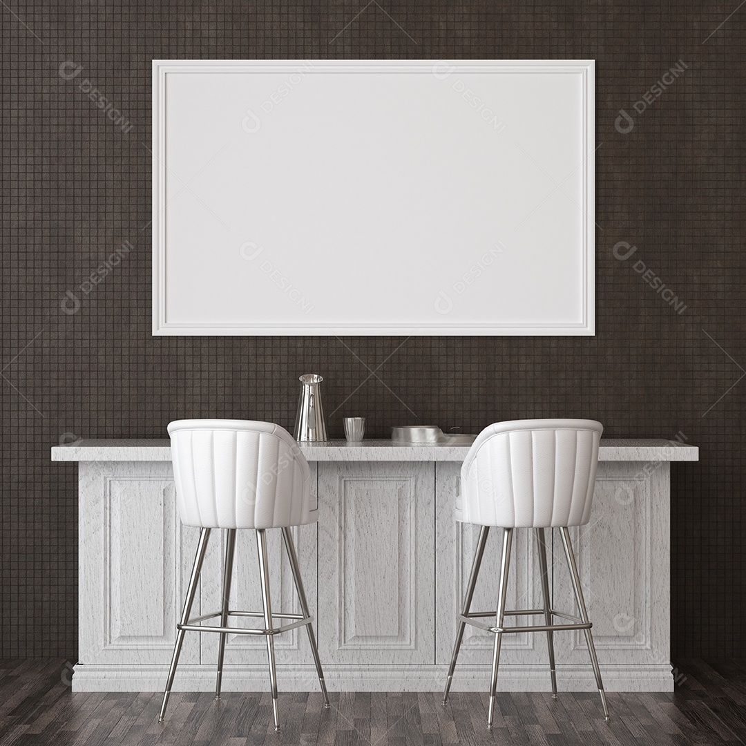 Quadro de pôster de maquete de ilustração 3D na parede do balcão com mesas e cadeiras, interior da cantina no escritório ou hotel, renderização