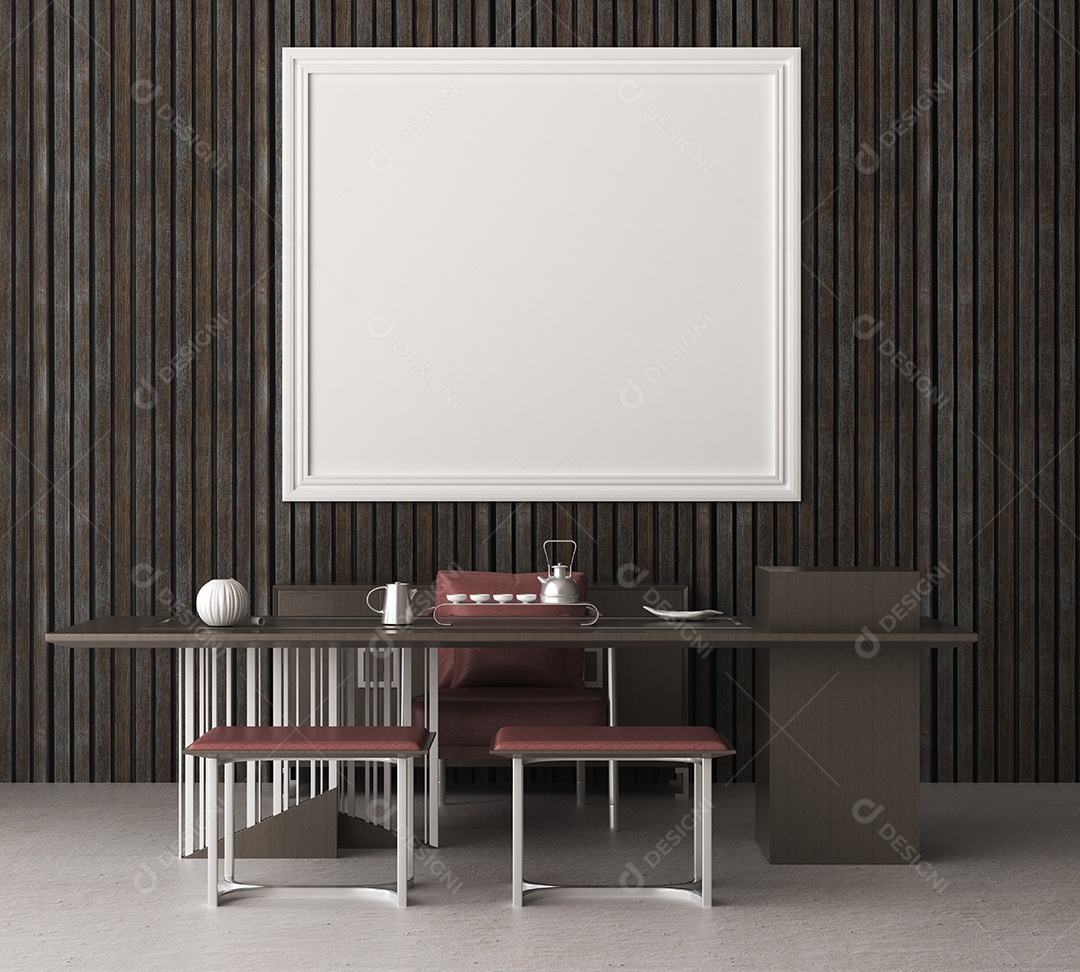 Placa em branco de maquete de ilustração 3D com moldura na parede da sala de jantar, interior de estilo escandinavo com móveis aconchegantes e plantas