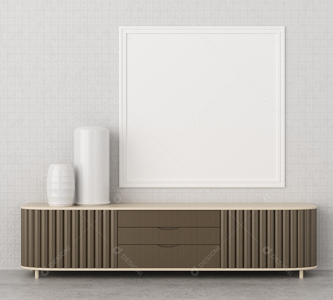 Moldura de foto de maquete de ilustração 3D na parede sobre o armário, decorada com interior de estilo escandinavo e renderização natural