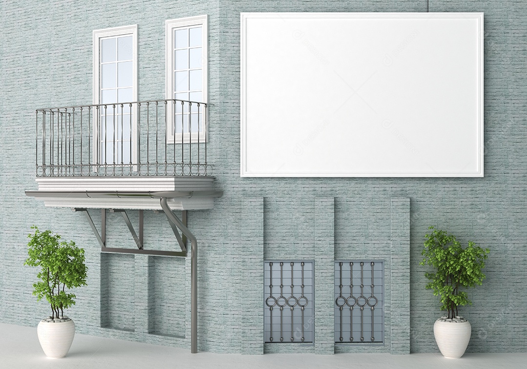 Maquete de ilustração 3D outdoor grande ao ar livre ou moldura na parede da bela casa, janelas e varanda com vaso de plantas, decorado