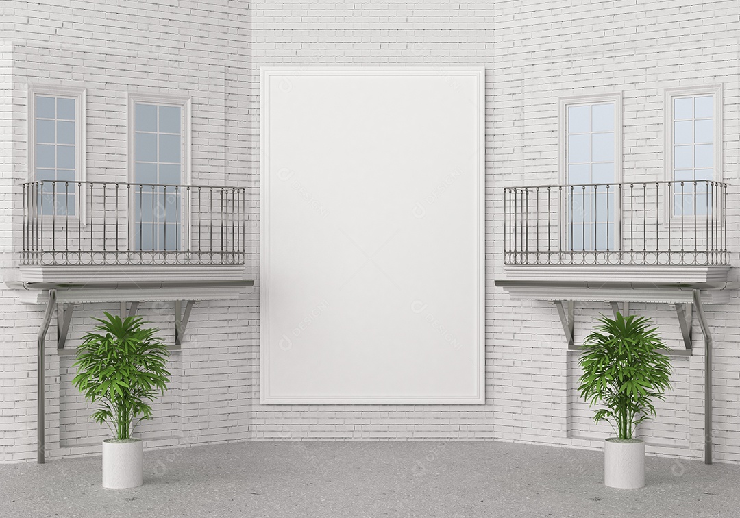 Maquete de ilustração 3D outdoor grande ao ar livre ou moldura na parede da bela casa, janelas e varanda com vaso de plantas, decorado com design de interiores moderno, renderização