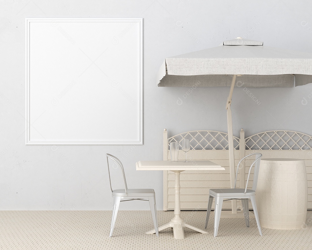 Placa em branco de maquete de ilustração 3D com moldura na parede no restaurante ao ar livre decorado com mesa e cadeira com guarda-chuva, renderização