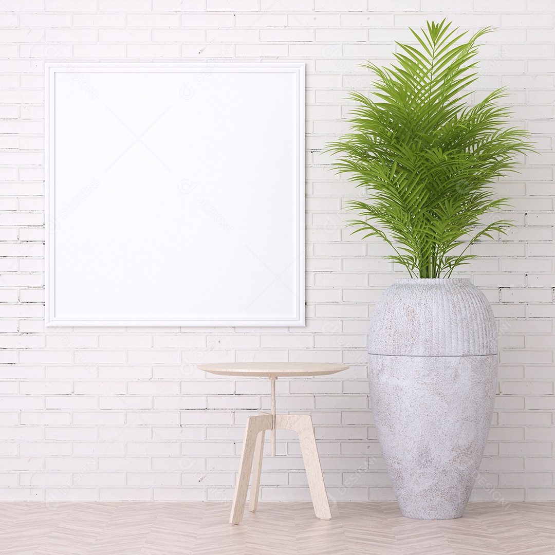 Placa em branco de maquete de ilustração 3D com moldura na parede e vaso de plantas, cores pastel interiores de estilo escandinavo e decoração, renderização