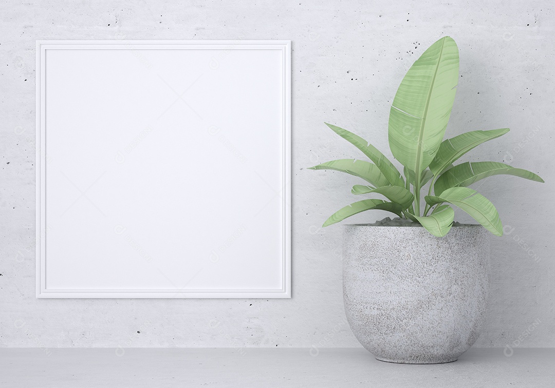 Placa em branco de maquete de ilustração 3D com moldura na parede e vaso de plantas, cores pastel interiores de estilo escandinavo e decoração, renderização