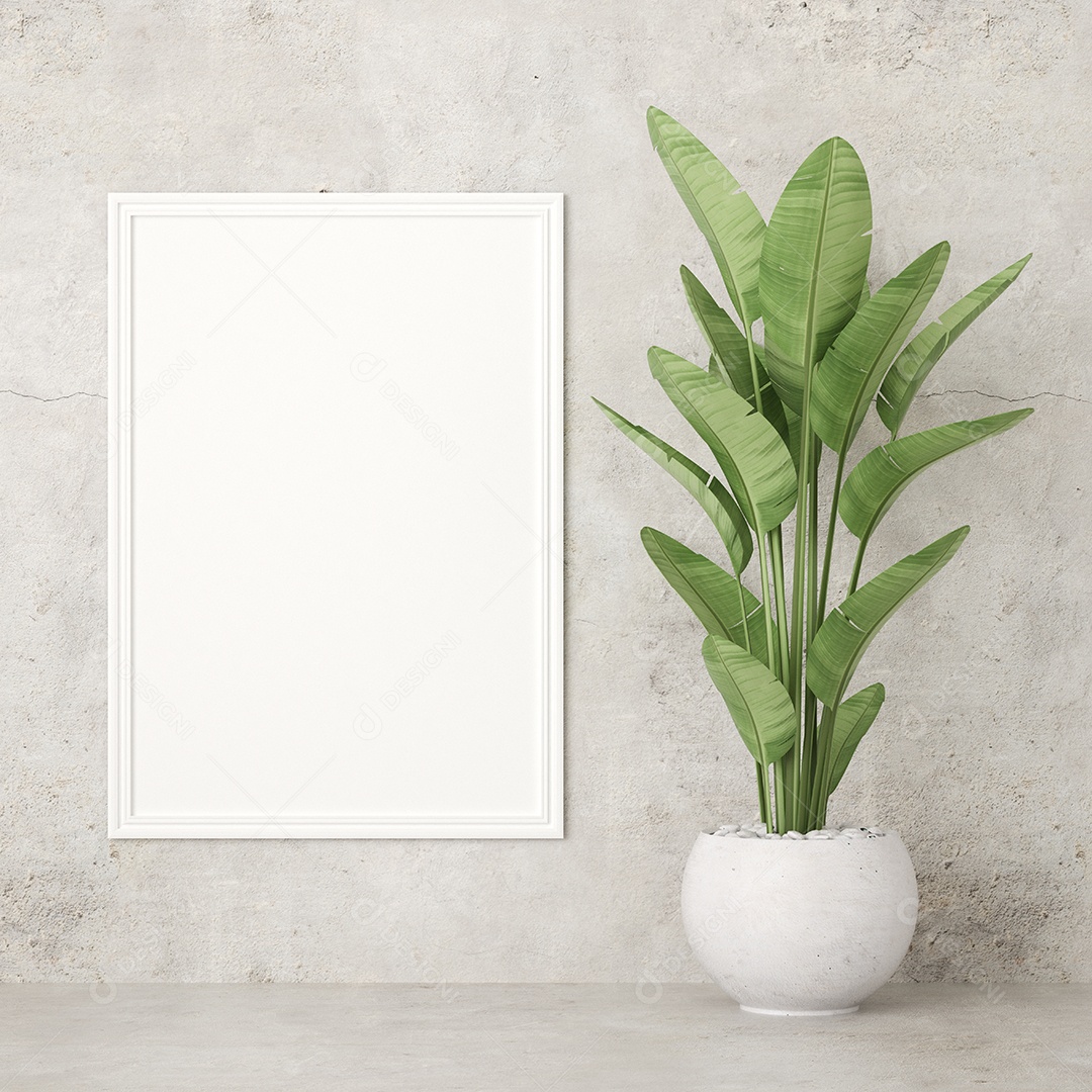 Placa em branco de maquete de ilustração 3D com moldura na parede e vaso de plantas, cores pastel interiores de estilo escandinavo e decoração