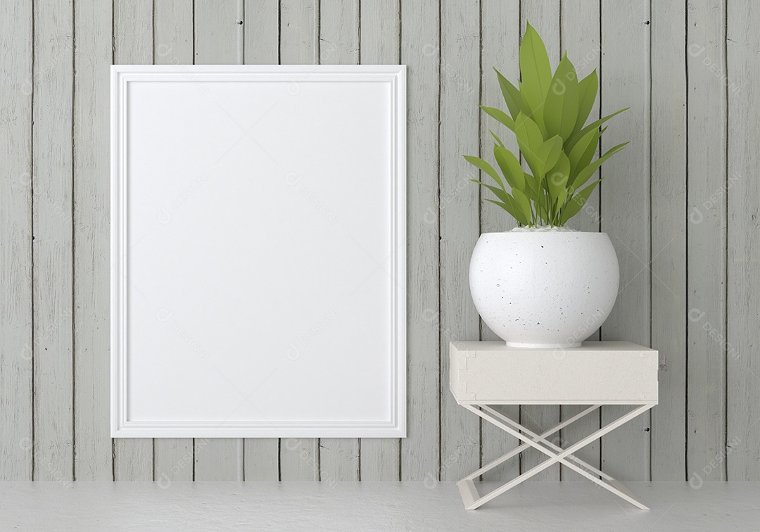 Placa em branco de maquete de ilustração 3D com moldura na parede e vaso de plantas, cores pastel interiores de estilo escandinavo e decoração, renderização