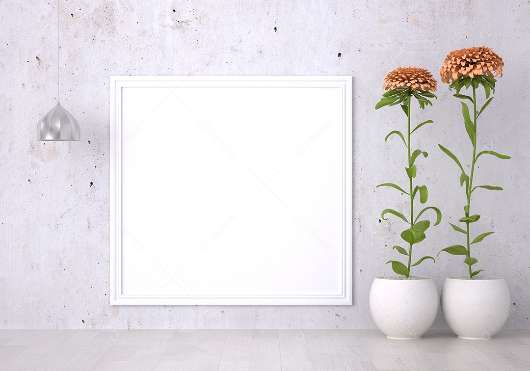 Placa em branco de maquete de ilustração 3D com moldura na parede e vaso de plantas, cores pastel interiores de estilo escandinavo e decoração, renderização