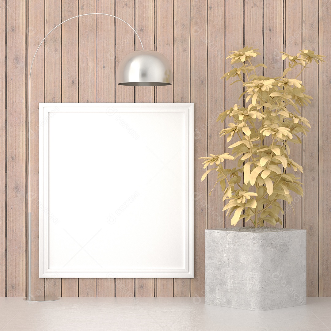 Placa em branco de maquete de ilustração 3D com moldura na parede e vaso de plantas, cores pastel interiores de estilo escandinavo e decoração