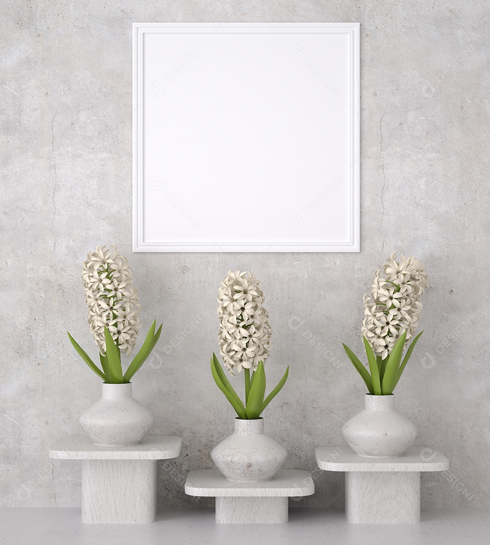 Placa em branco de maquete de ilustração 3D com moldura na parede e vaso de plantas, cores pastel interiores de estilo escandinavo e decoração