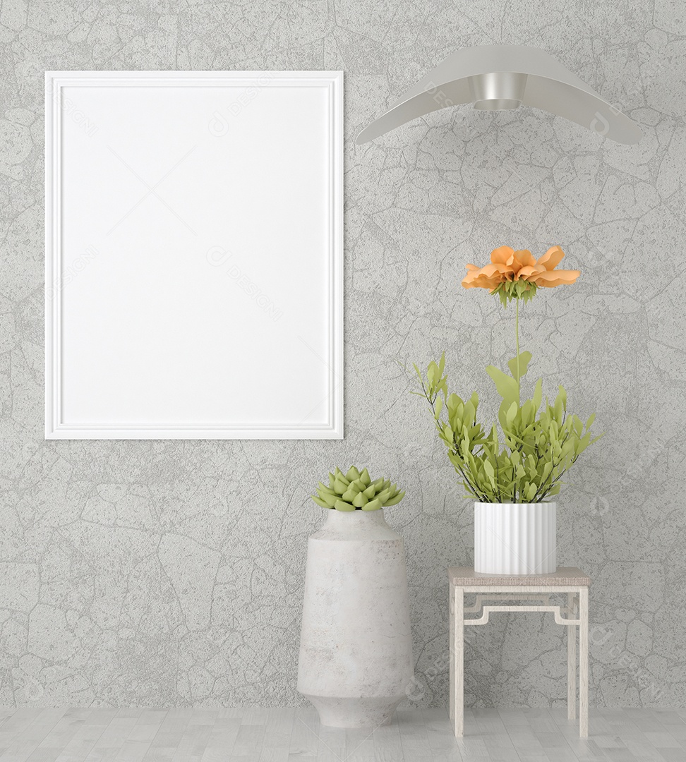Placa em branco de maquete de ilustração 3D com moldura na parede e vaso de plantas, cores pastel interiores de estilo escandinavo e decoração