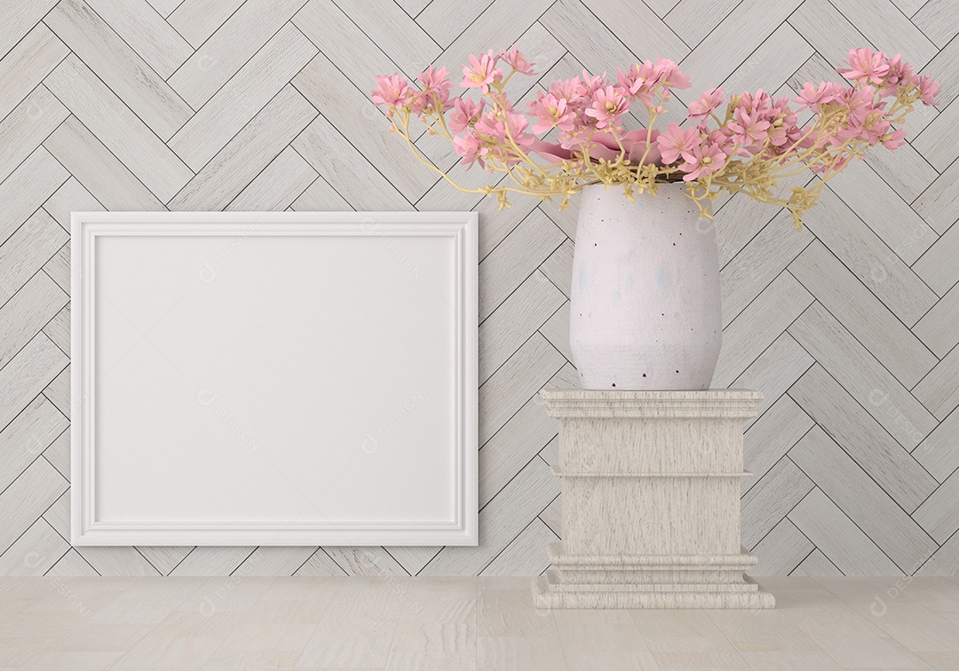 Moldura de foto de maquete de ilustração 3D na bela parede na sala da galeria ou no salão do lugar de luxo, decorada com ornamento