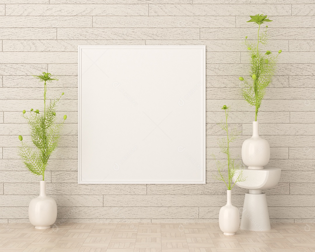 Moldura de foto de maquete de ilustração 3D na bela parede na sala da galeria ou no salão do lugar de luxo, decorada com ornamento