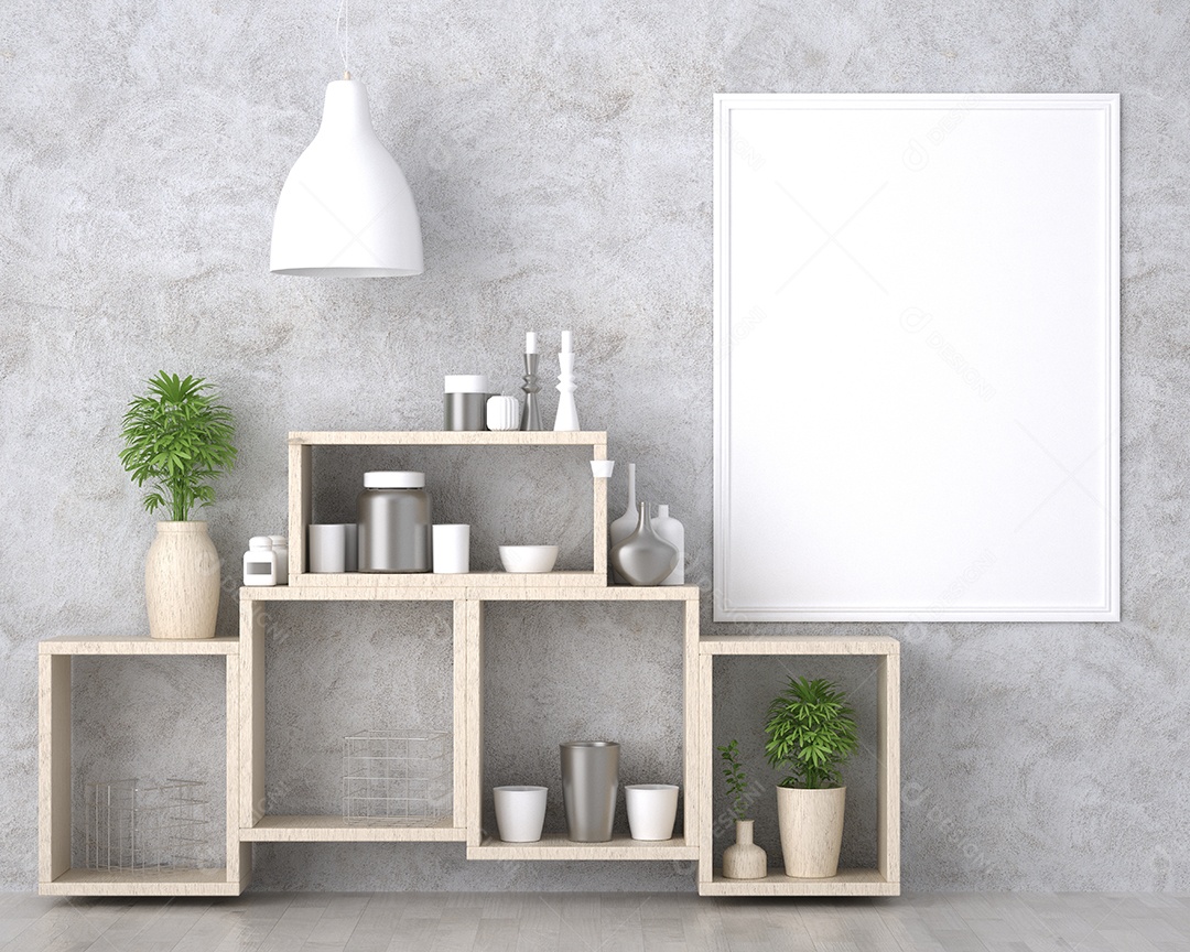 Molduras para fotos de maquete de ilustração 3D na parede sobre prateleira de madeira na cozinha ou sala de jantar, decorada com interior de estilo escandinavo e renderização natural