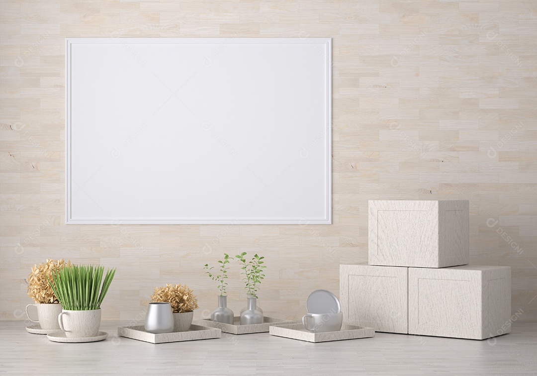 Placa em branco de maquete de ilustração 3D com moldura na parede no restaurante ao ar livre decorado com mesa e cadeira com guarda-chuva, renderização