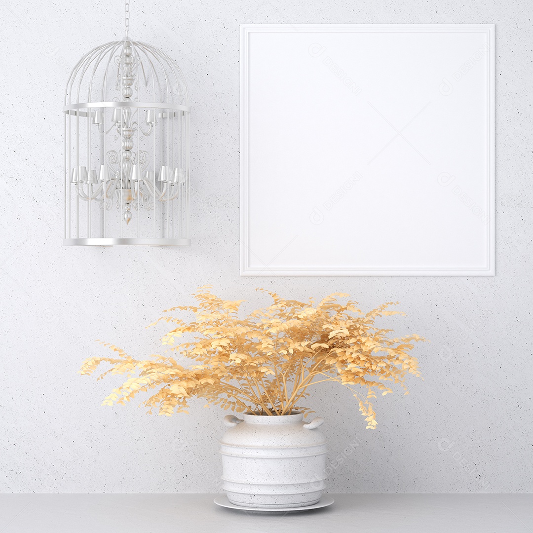 Placa em branco de maquete de ilustração 3D com moldura na parede e vaso de plantas, cores pastel interiores de estilo escandinavo e decoração, renderização