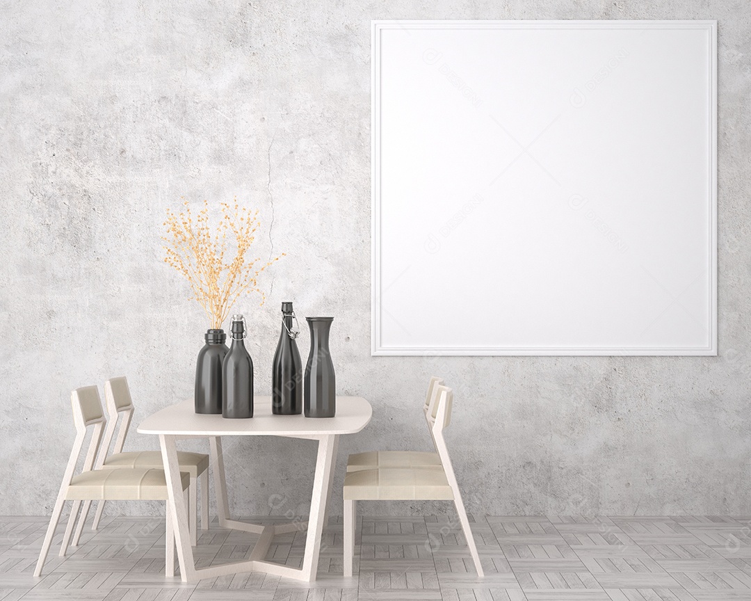 Placa grande de maquete de ilustração 3D com moldura na sala de jantar em casa ou restaurante, cores pastel interiores de estilo escandinavo