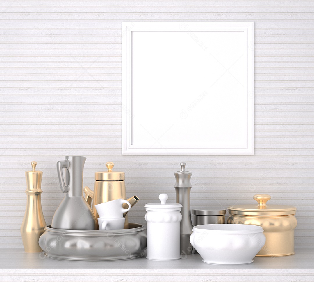 Molduras para fotos de maquete de ilustração 3D na parede sobre o armário na sala de estar, decorada com interior de estilo escandinavo e renderização natural