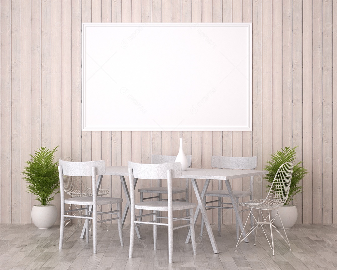 Placa grande de maquete de ilustração 3D com moldura na sala de jantar em casa ou restaurante, cores pastel interiores de estilo escandinavo