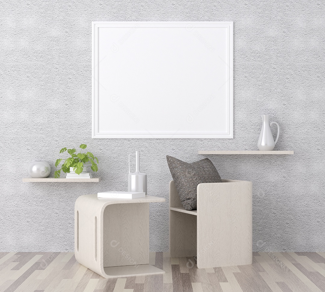 Placa em branco de maquete de ilustração 3D com moldura na parede na zona de brincar de crianças em casa, interior de estilo escandinavo