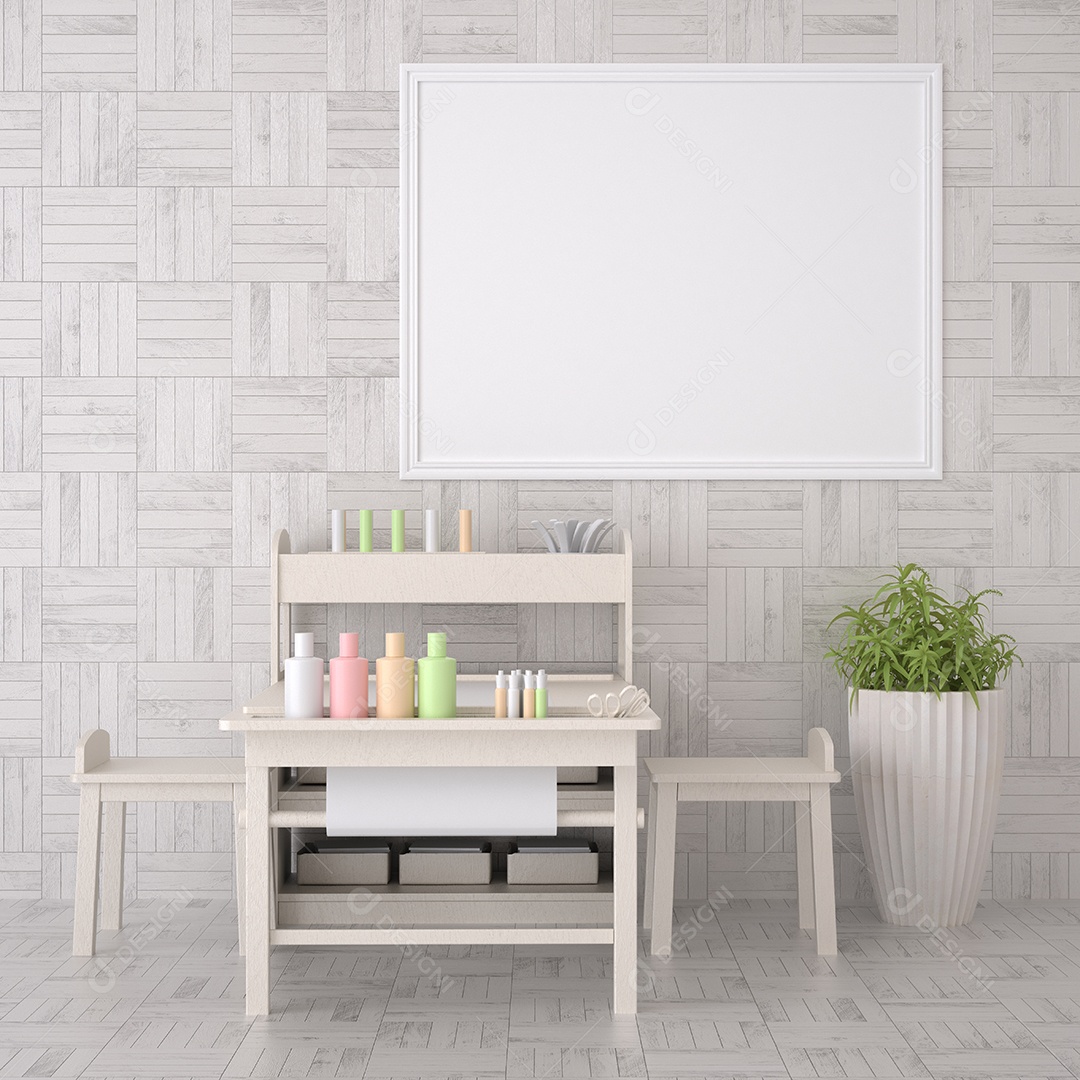 Placa em branco de maquete de ilustração 3D com moldura na parede na zona de brincar de crianças em casa, interior de estilo escandinavo