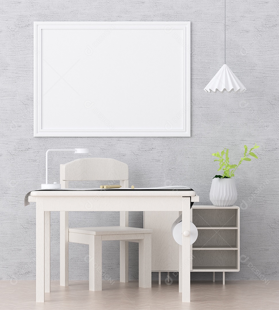 Placa em branco de maquete de ilustração 3D com moldura na parede na zona de brincar de crianças em casa, interior de estilo escandinavo