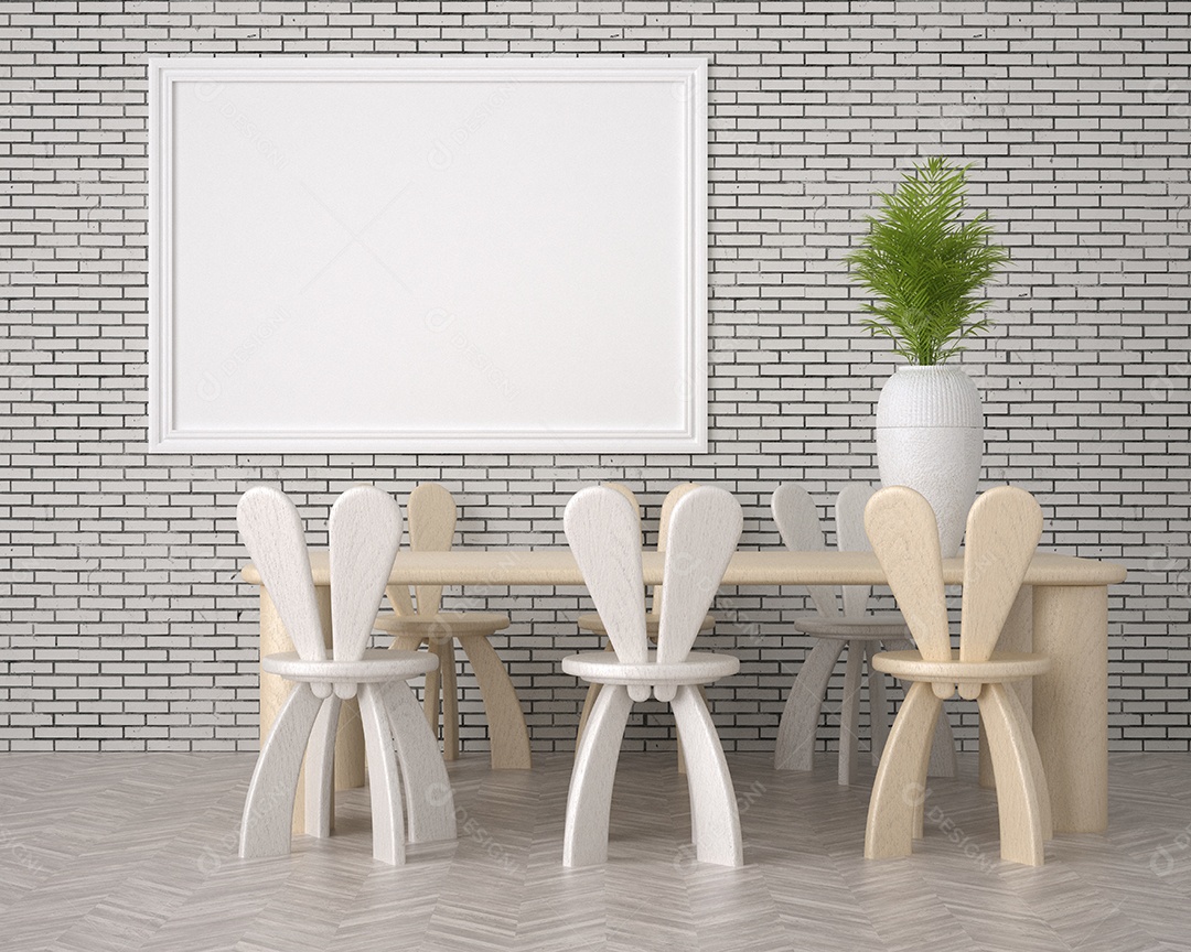Placa grande de maquete de ilustração 3D com moldura na sala de jantar em casa ou restaurante, cores pastel interiores de estilo escandinavo
