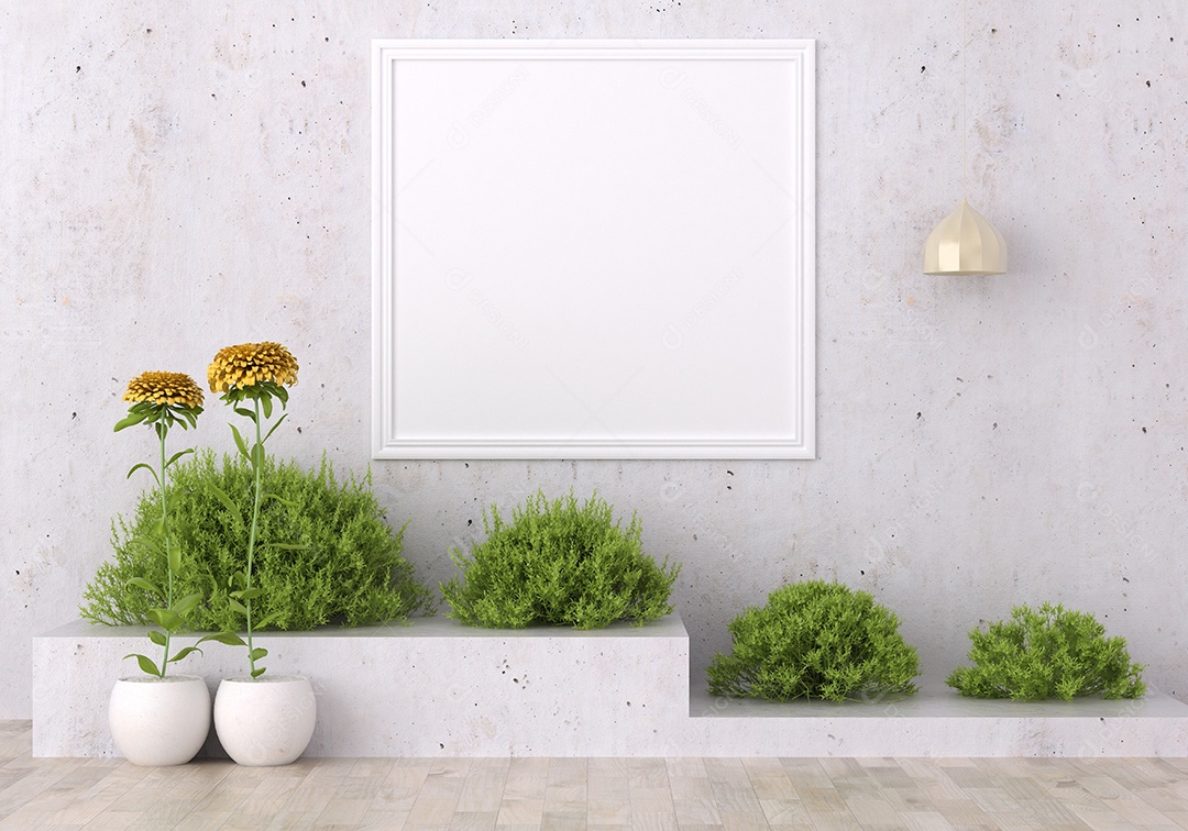 Placa em branco de maquete de ilustração 3D com moldura na parede e vaso de plantas, cores pastel interiores de estilo escandinavo e decoração, renderização0