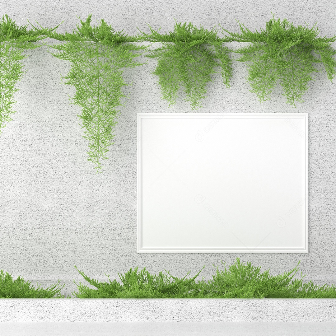 Placa em branco de maquete de ilustração 3D com moldura na parede da sala de estar, interior de estilo escandinavo com vaso de plantas e decoração natural, renderização