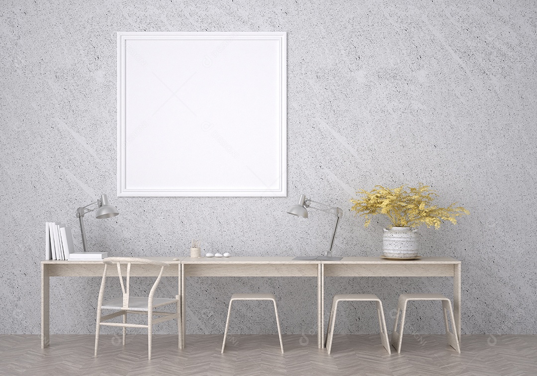 Placa em branco de maquete de ilustração 3D com moldura na parede na área de trabalho em casa, interior de estilo escandinavo