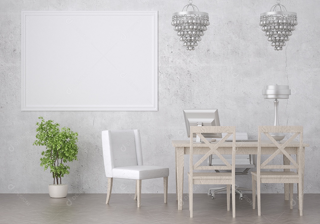 Placa grande de maquete de ilustração 3D com moldura na sala de jantar em casa ou restaurante, cores pastel interiores de estilo escandinavo