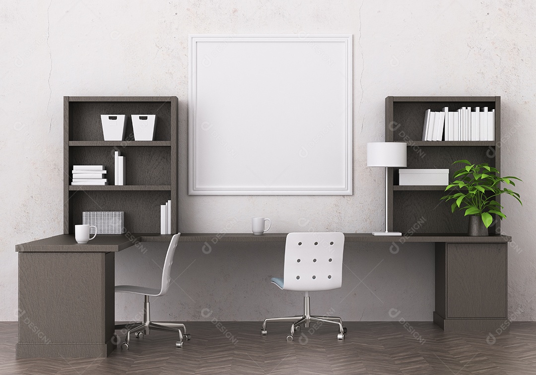 Molduras para fotos de maquete de ilustração 3D na parede da sala de estar, interior de estilo escandinavo com conceito de decoração de móveis aconchegante, renderização