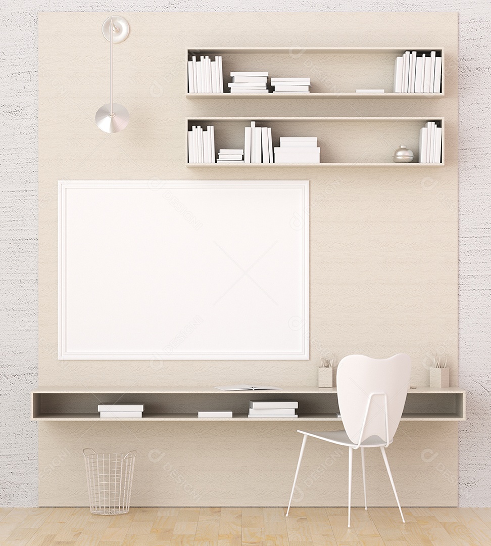 Placa em branco de maquete de ilustração 3D com moldura na parede na área de trabalho em casa, interior de estilo escandinavo com móveis aconchegantes e plantas em decoração natural, renderização
