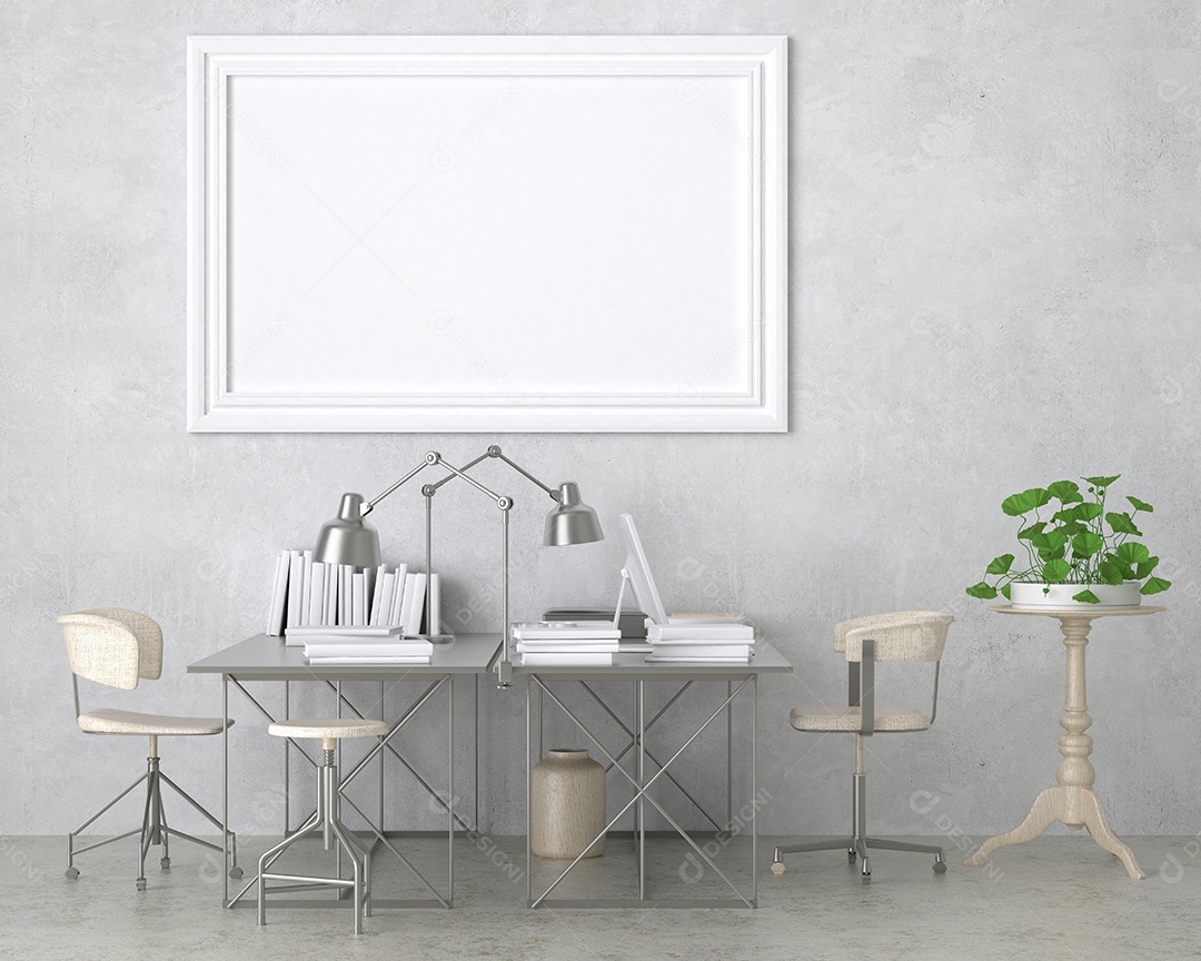 Placa em branco de maquete de ilustração 3D com moldura na parede na área de trabalho em casa, interior de estilo escandinavo com móveis aconchegantes e plantas em decoração natural, renderização