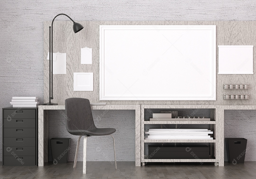 Placa em branco de maquete de ilustração 3D com moldura na parede na área de trabalho, interior de estilo escandinavo com móveis aconchegantes e plantas em decoração natural, renderização