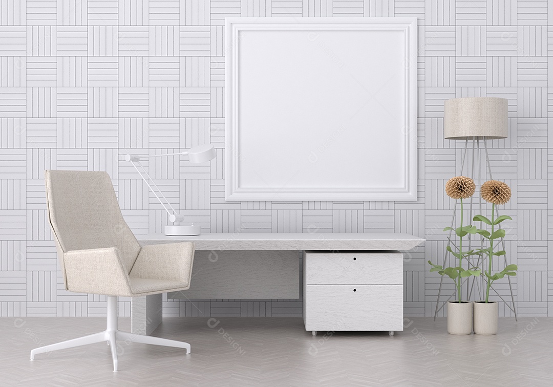 Placa em branco de maquete de ilustração 3D com moldura na parede na área de trabalho, interior de estilo escandinavo com móveis aconchegantes e plantas em decoração natural, renderização