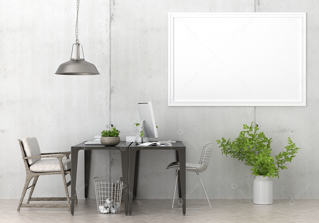 Placa em branco de maquete de ilustração 3D com moldura na parede na área de trabalho, interior de estilo escandinavo com móveis aconchegantes e plantas em decoração natural, renderização