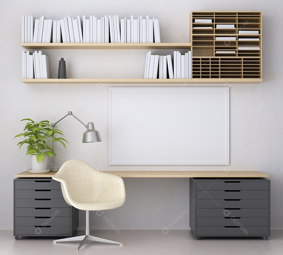 Placa em branco de maquete de ilustração 3D com moldura na parede na área de trabalho, interior de estilo escandinavo com móveis aconchegantes e plantas em decoração natural, renderização