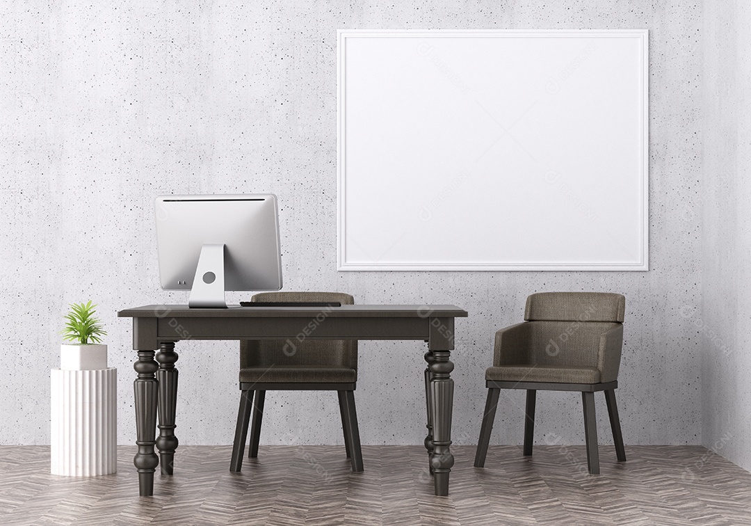 Placa em branco de maquete de ilustração 3D com moldura na parede na área de trabalho, interior de estilo escandinavo com móveis aconchegantes e plantas em decoração natural, renderização