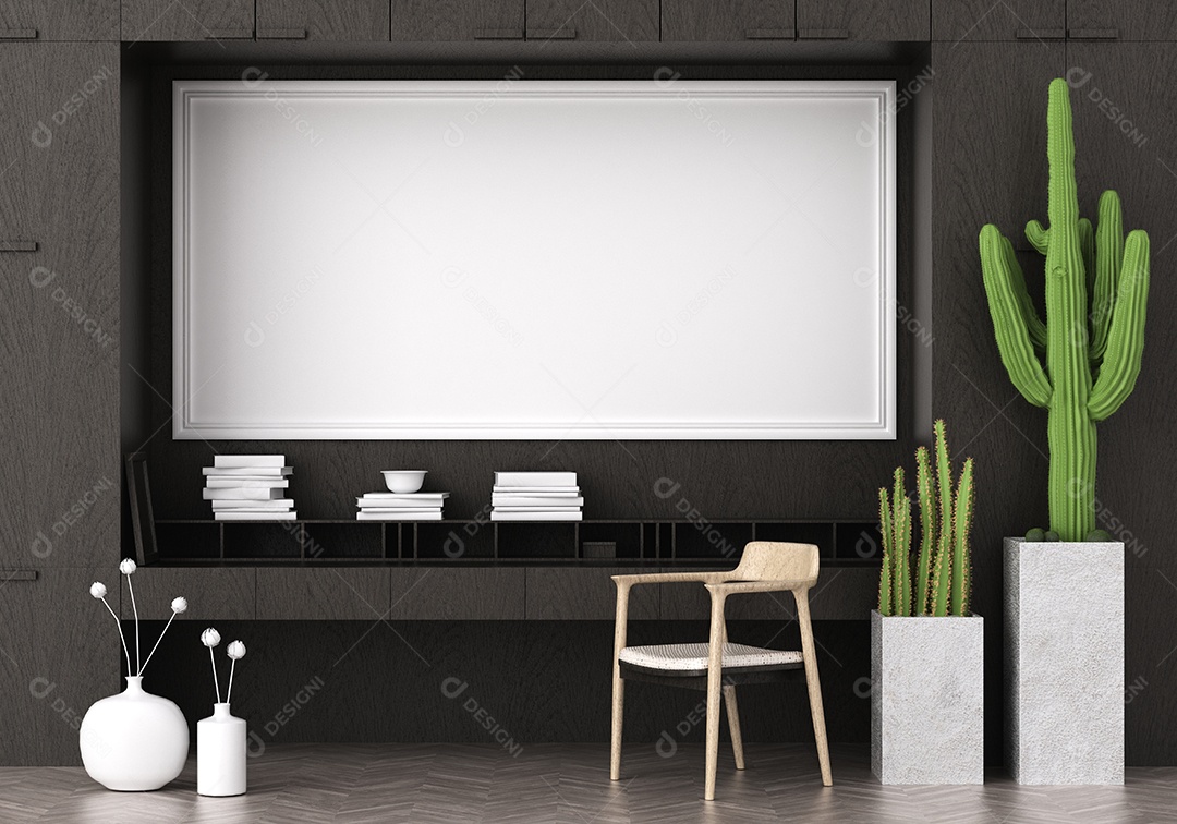 Ilustração 3D interior Estilo minimalista de design moderno com moldura de maquete em branco na parede, lâmpada e assento, almofada de móveis modernos no canto de descanso em casa, renderização