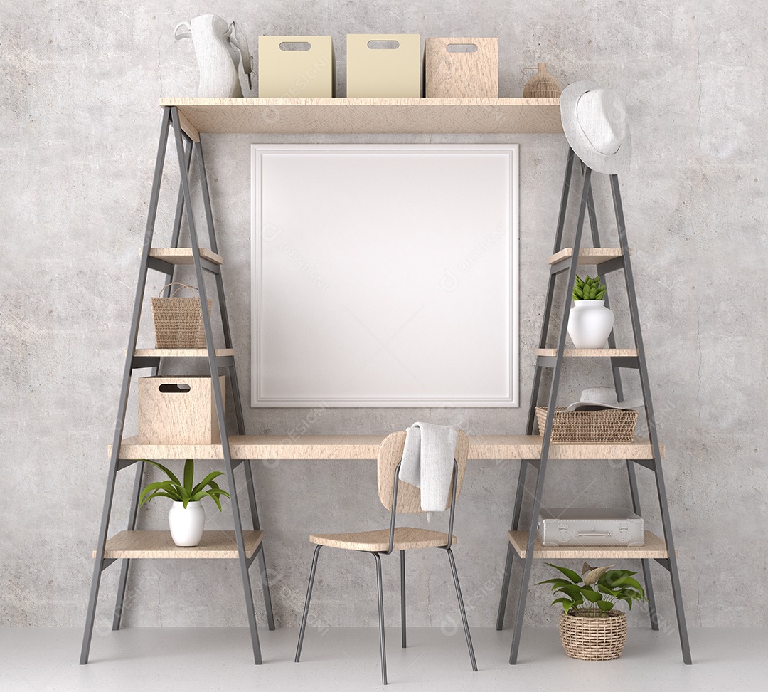 Placa em branco de maquete de ilustração 3D com moldura na parede na área de trabalho em casa, interior de estilo escandinavo com móveis