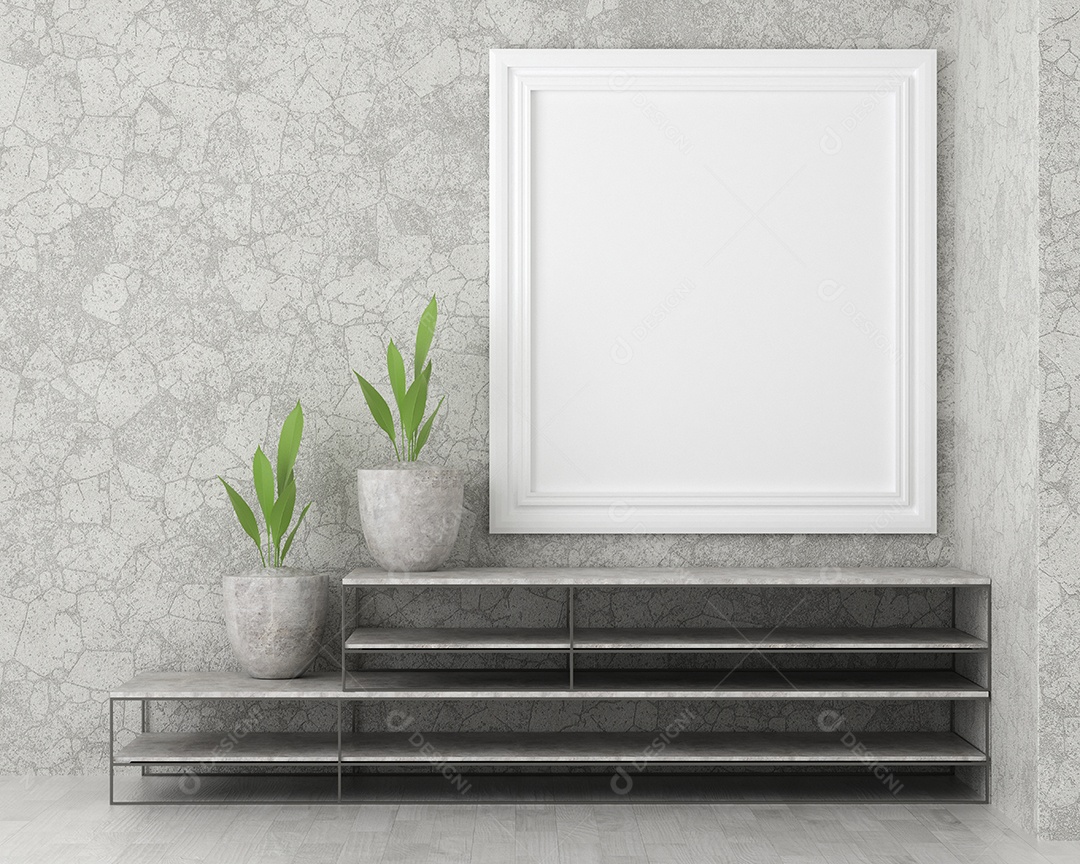 Placa em branco de maquete de ilustração 3D com moldura na parede na área de trabalho em casa, interior de estilo escandinavo com móveis