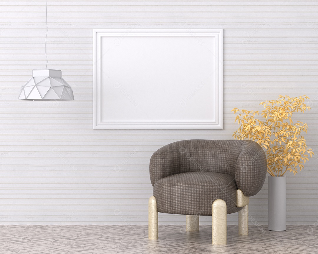 Placa em branco de maquete de ilustração 3D com moldura na parede na área de trabalho em casa, interior de estilo escandinavo com móveis