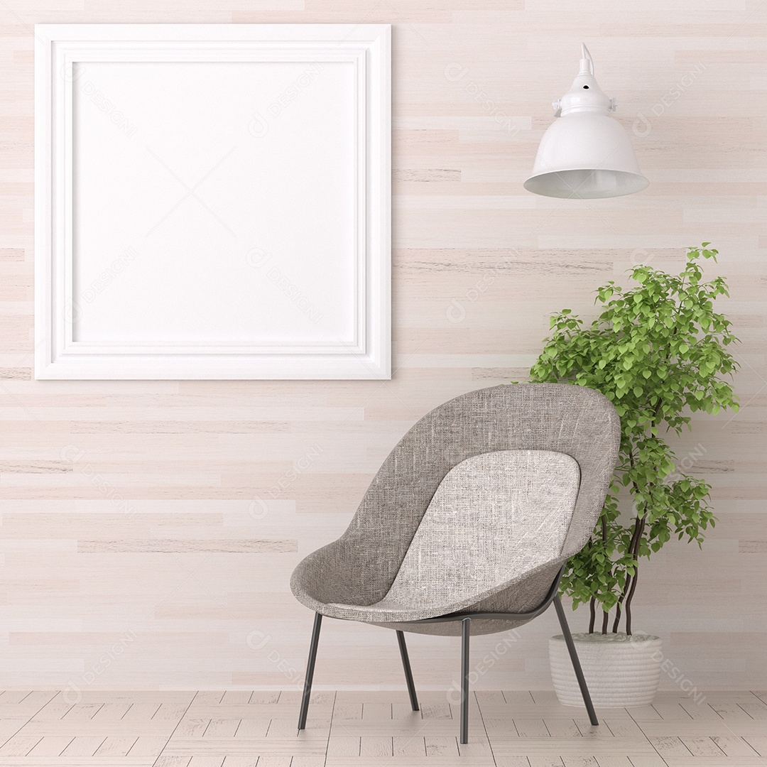 Molduras para fotos de maquete de ilustração 3D na parede da sala de estar, interior de estilo escandinavo com conceito de decoração de móveis