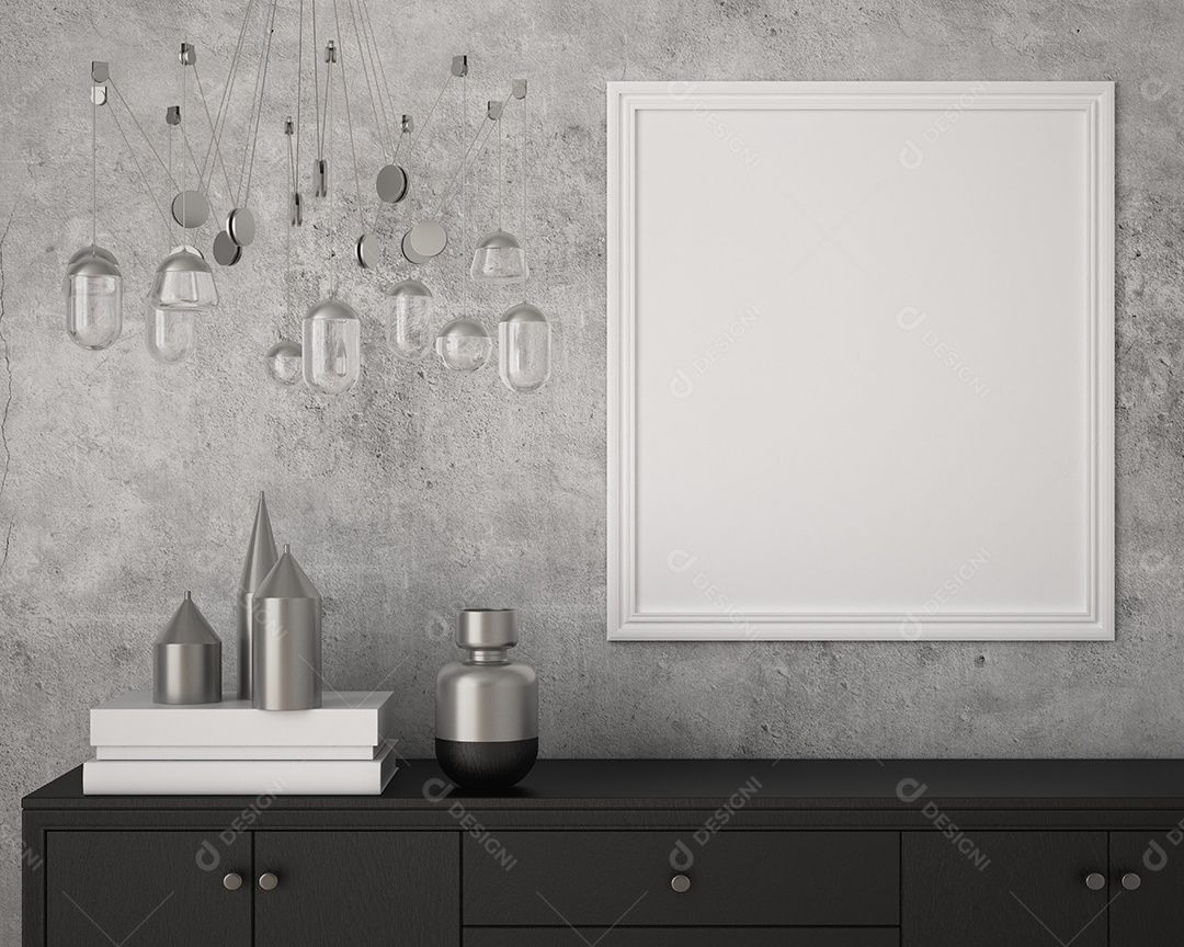 Molduras para fotos de maquete de ilustração 3D na parede da sala de estar, interior de estilo escandinavo com conceito de decoração de móveis