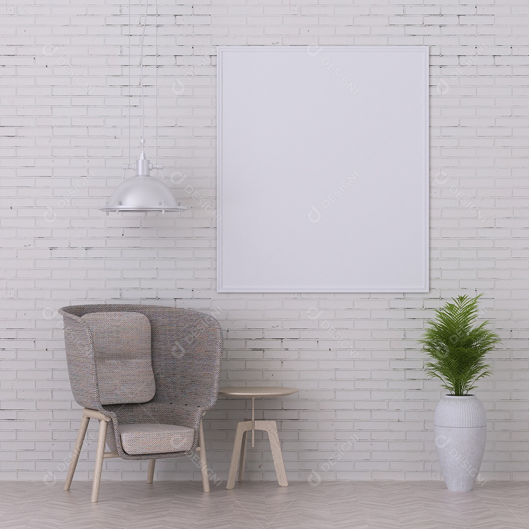 Molduras para fotos de maquete de ilustração 3D na parede da sala de estar, interior de estilo escandinavo com conceito de decoração de móveis